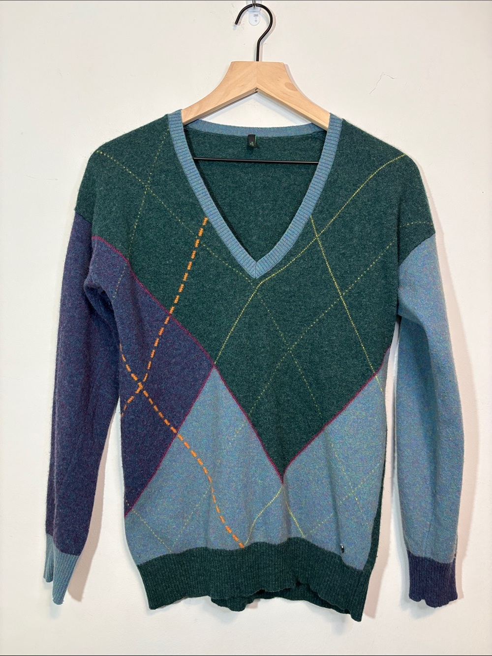 Vintage 80% Wool Argyle V Neck Vintage Old Money Golf Style Stile Benetton